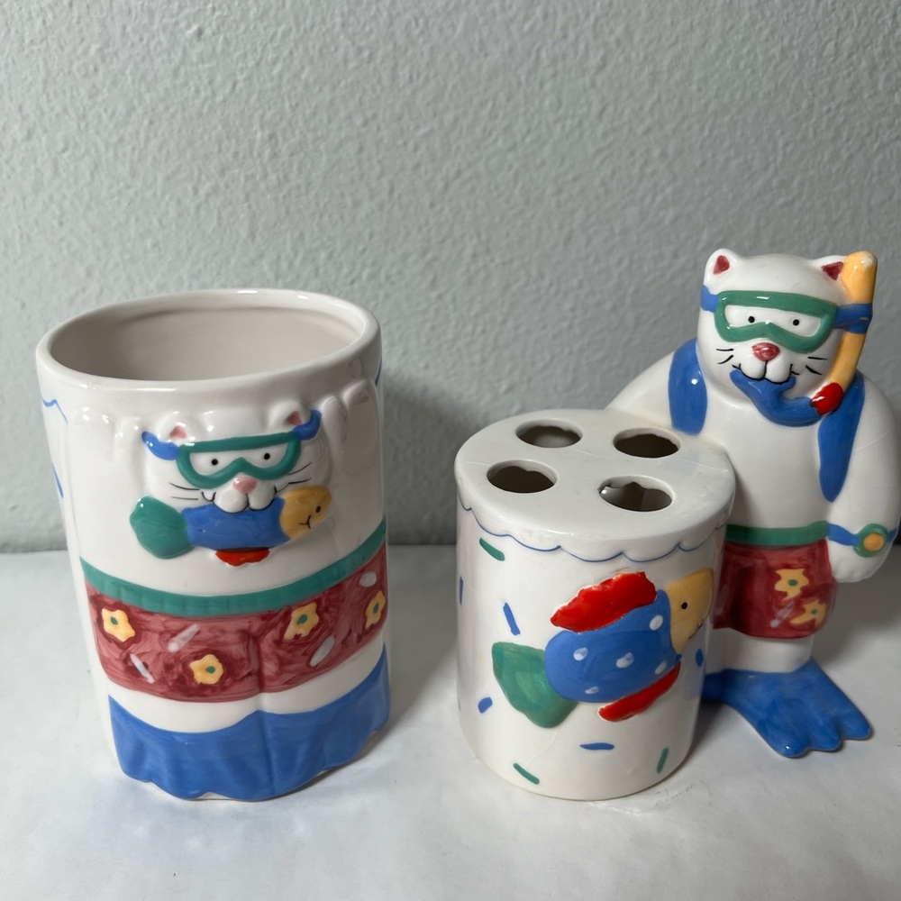 Vintage‎ scuba Cat Bathroom cup and toothbrush holder